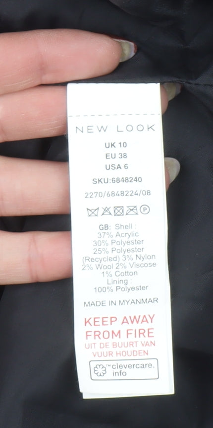 New Look Women Grey Check Long Overcoat Size 10 Wool Blend