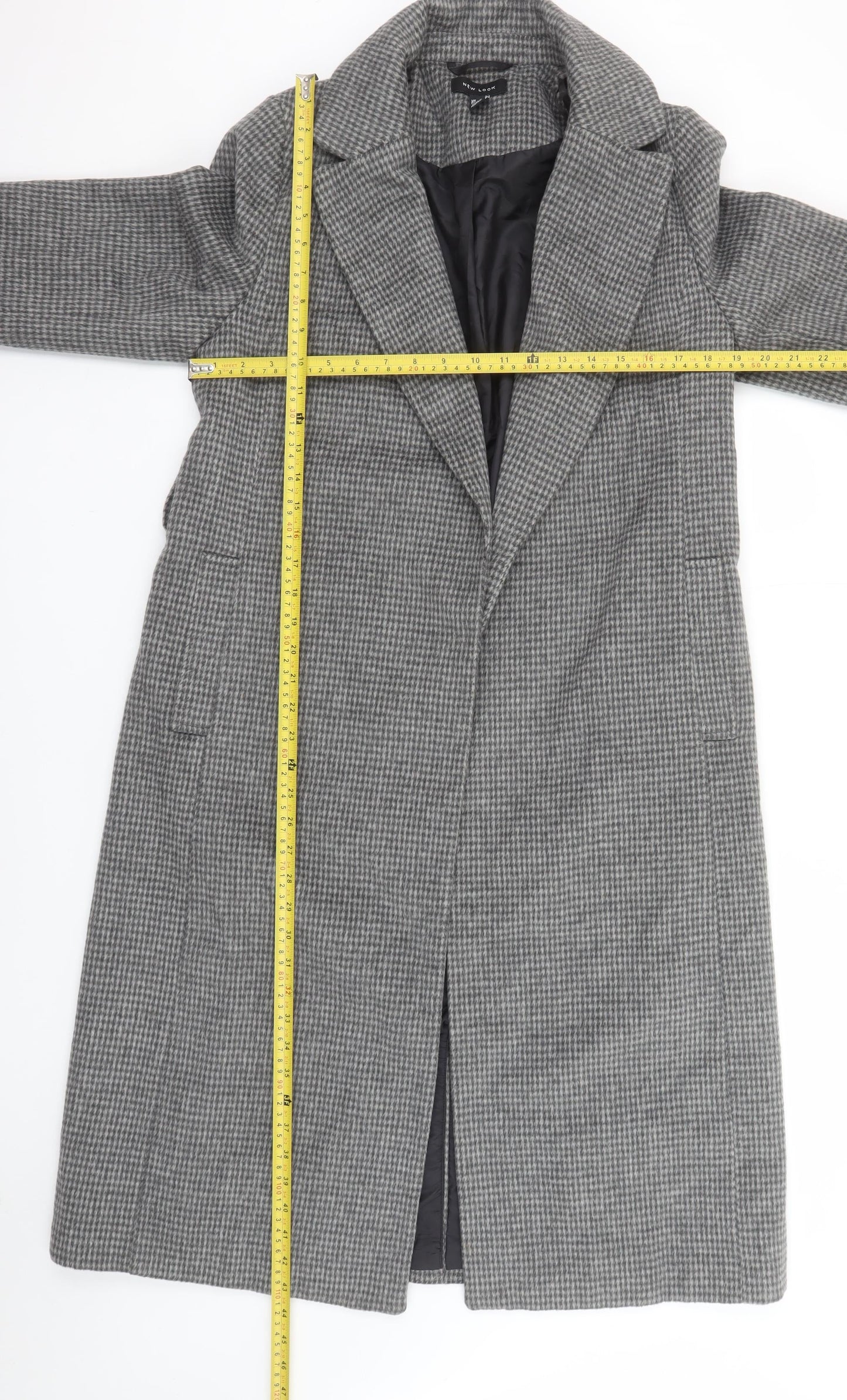 New Look Women Grey Check Long Overcoat Size 10 Wool Blend
