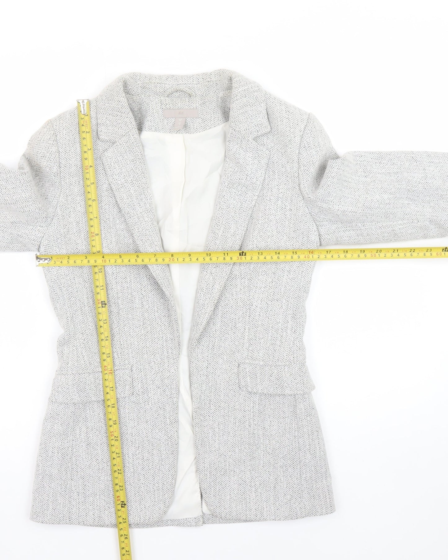 H&M Women's Grey Herringbone Blazer Size 8 Regular Fit Jacket