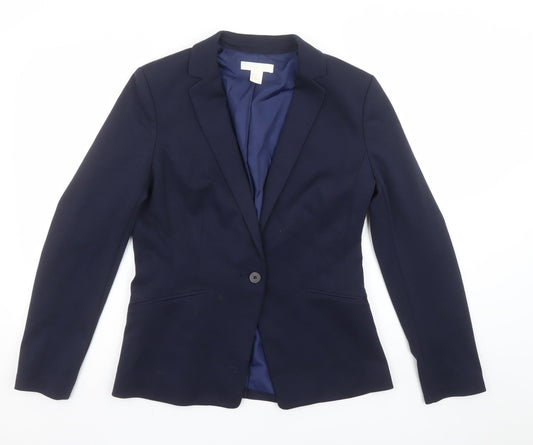 H&M Women Navy Blue Single-Breasted Blazer Size 12 Classic Workwear Jacket