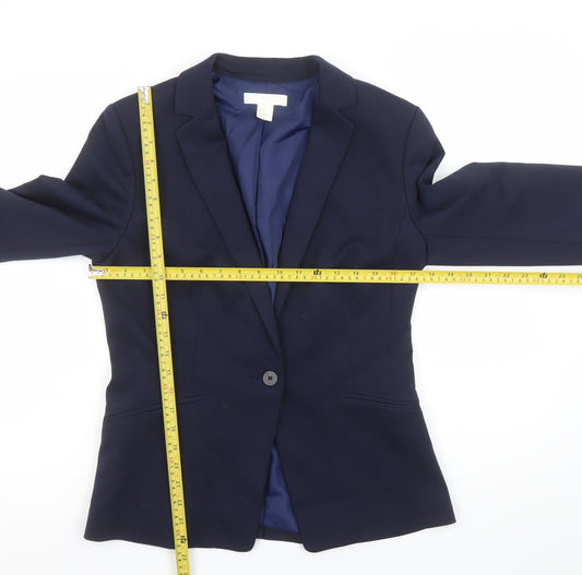 H&M Women Navy Blue Single-Breasted Blazer Size 12 Classic Workwear Jacket