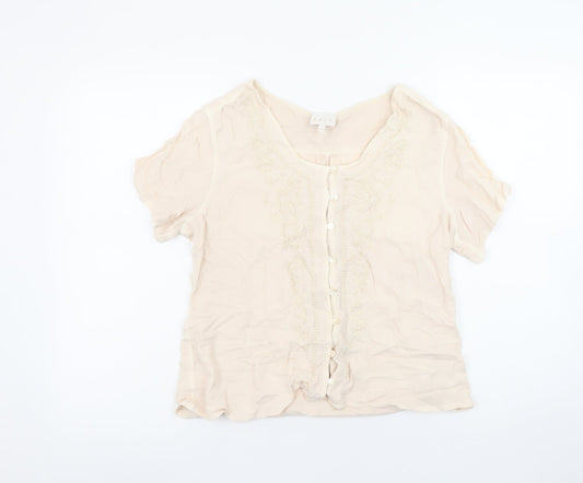 EAST Womens Beige Embroidered Short Sleeve Tunic Blouse Size 14