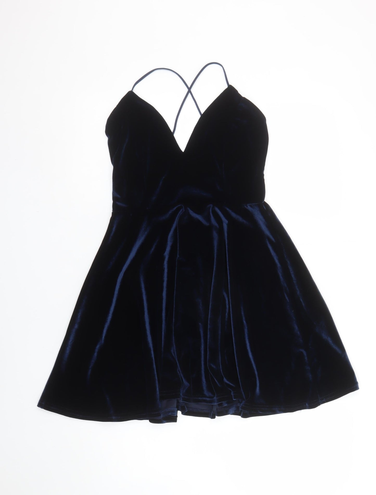 Boohoo Women's Blue Velvet Skater Party Dress M Strappy Sleeveless