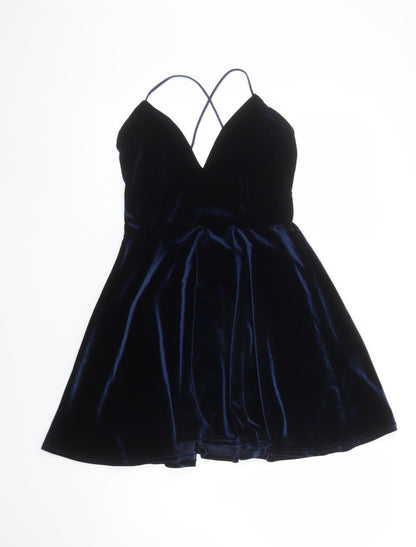 Boohoo Women's Blue Velvet Skater Party Dress M Strappy Sleeveless