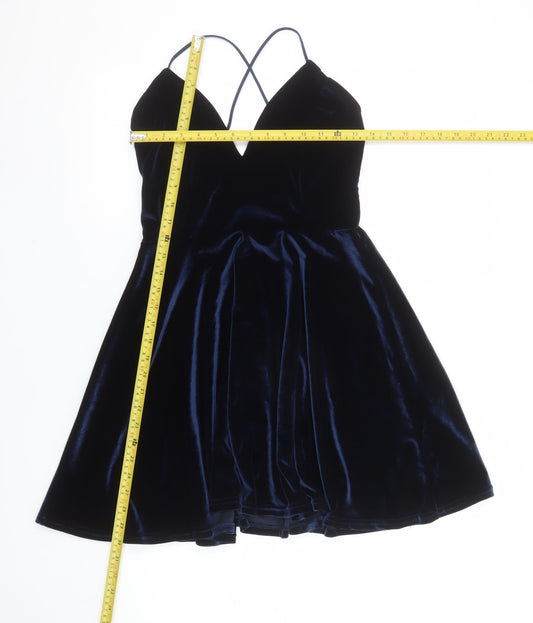 Boohoo Women's Blue Velvet Skater Party Dress M Strappy Sleeveless