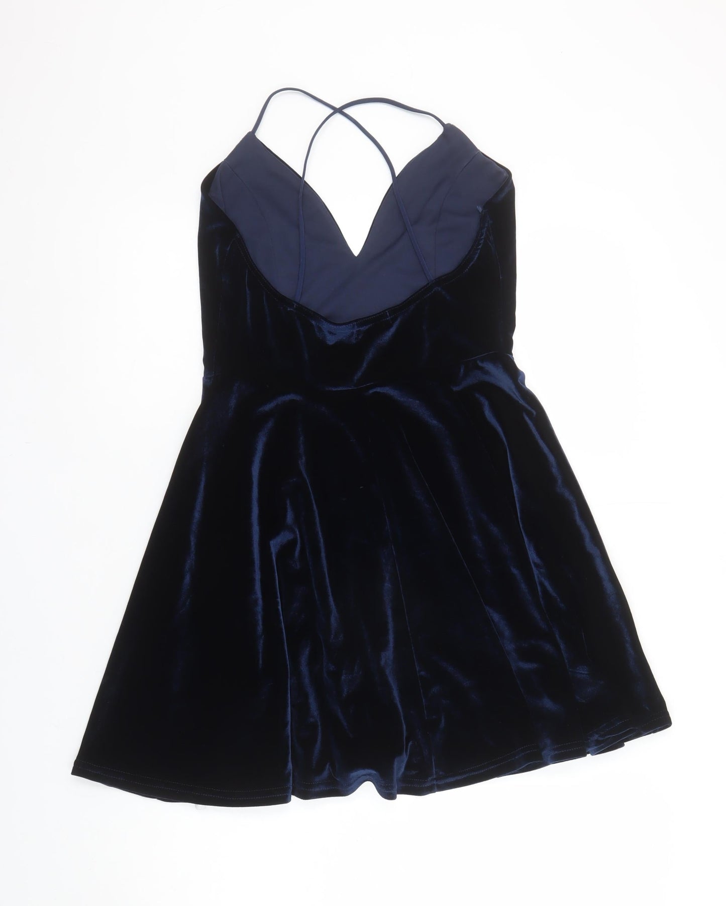 Boohoo Women's Blue Velvet Skater Party Dress M Strappy Sleeveless