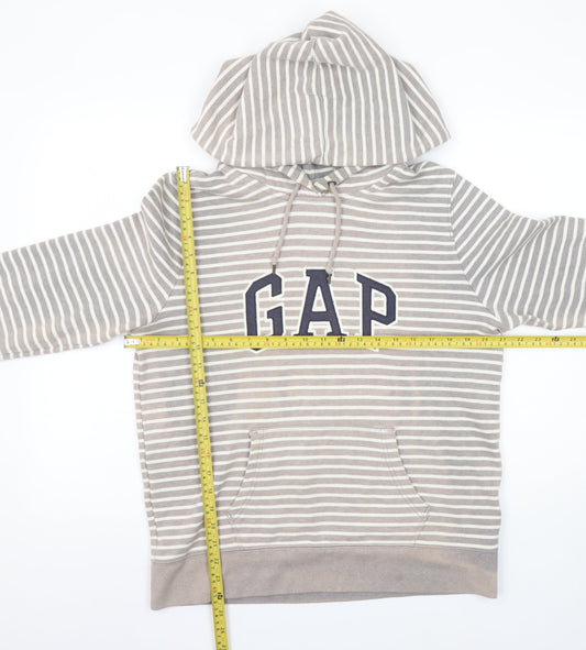 GAP Women Beige Striped Pullover Hoodie L Cotton Blend Casual