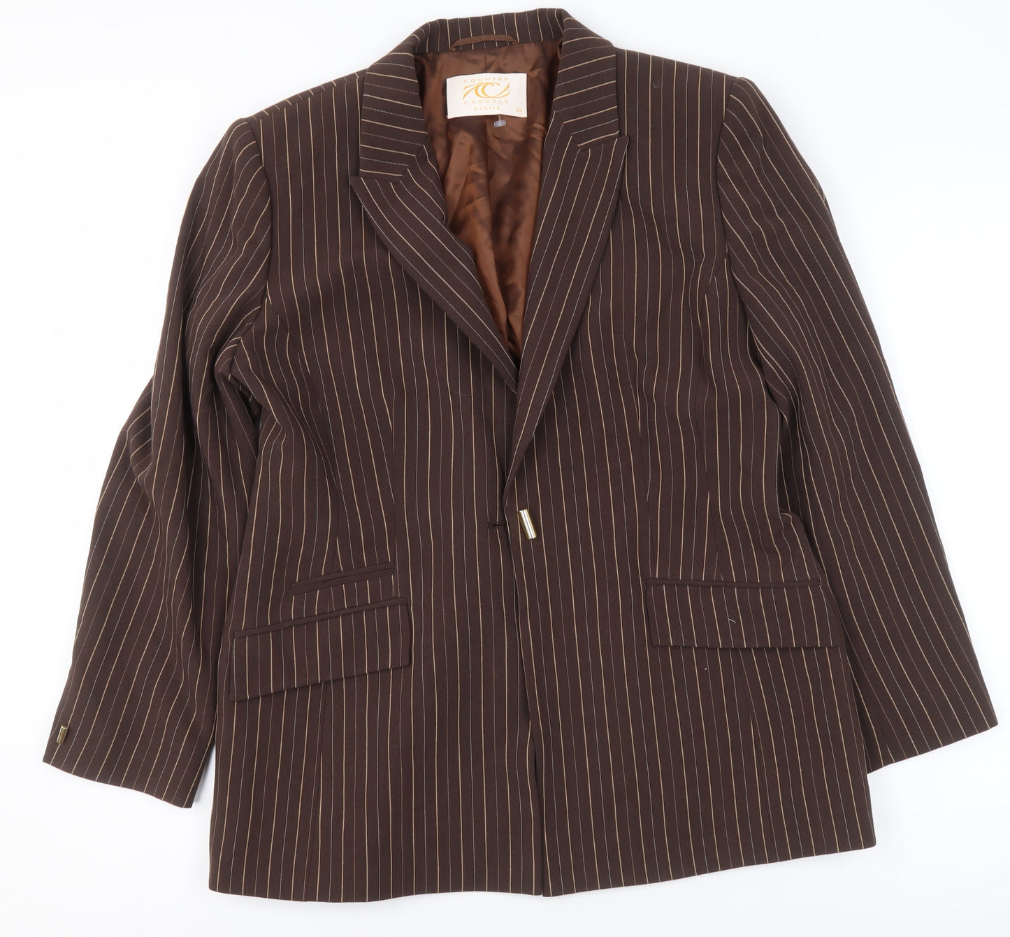Country Casuals Women Brown Pinstripe Petite Blazer Size 14 Wool Blend