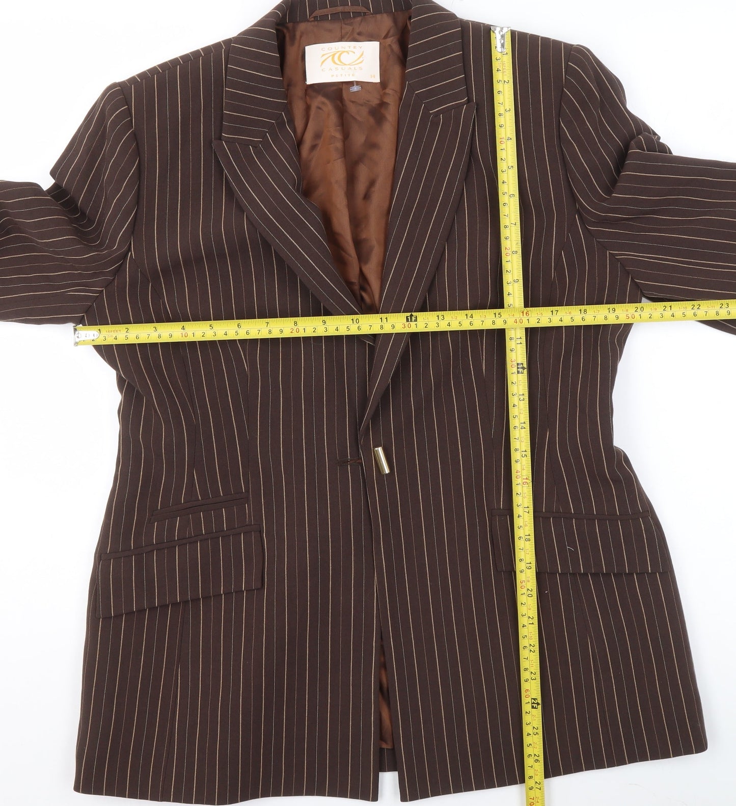 Country Casuals Women Brown Pinstripe Petite Blazer Size 14 Wool Blend