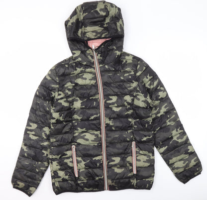 Next Girls Green Camouflage Hooded Puffer Jacket 15 Years Polyester Lined
