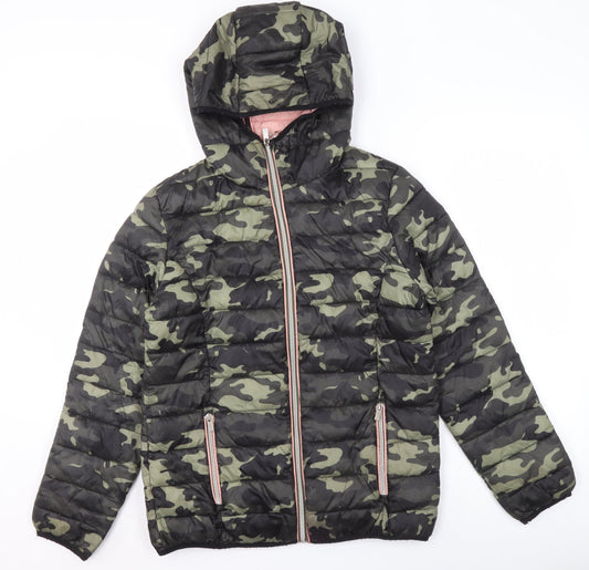 Next Girls Green Camouflage Hooded Puffer Jacket 15 Years Polyester Lined