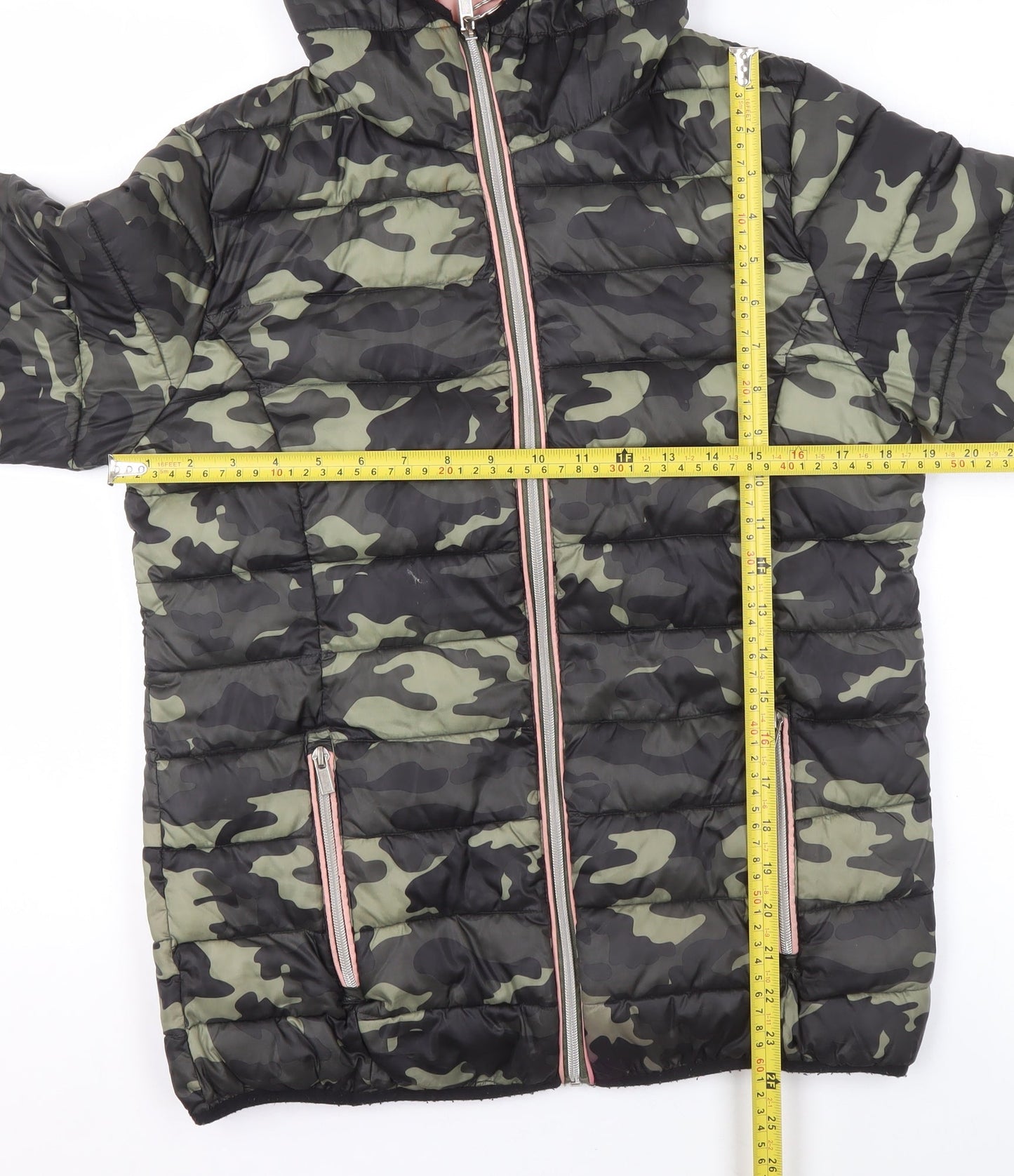 Next Girls Green Camouflage Hooded Puffer Jacket 15 Years Polyester Lined