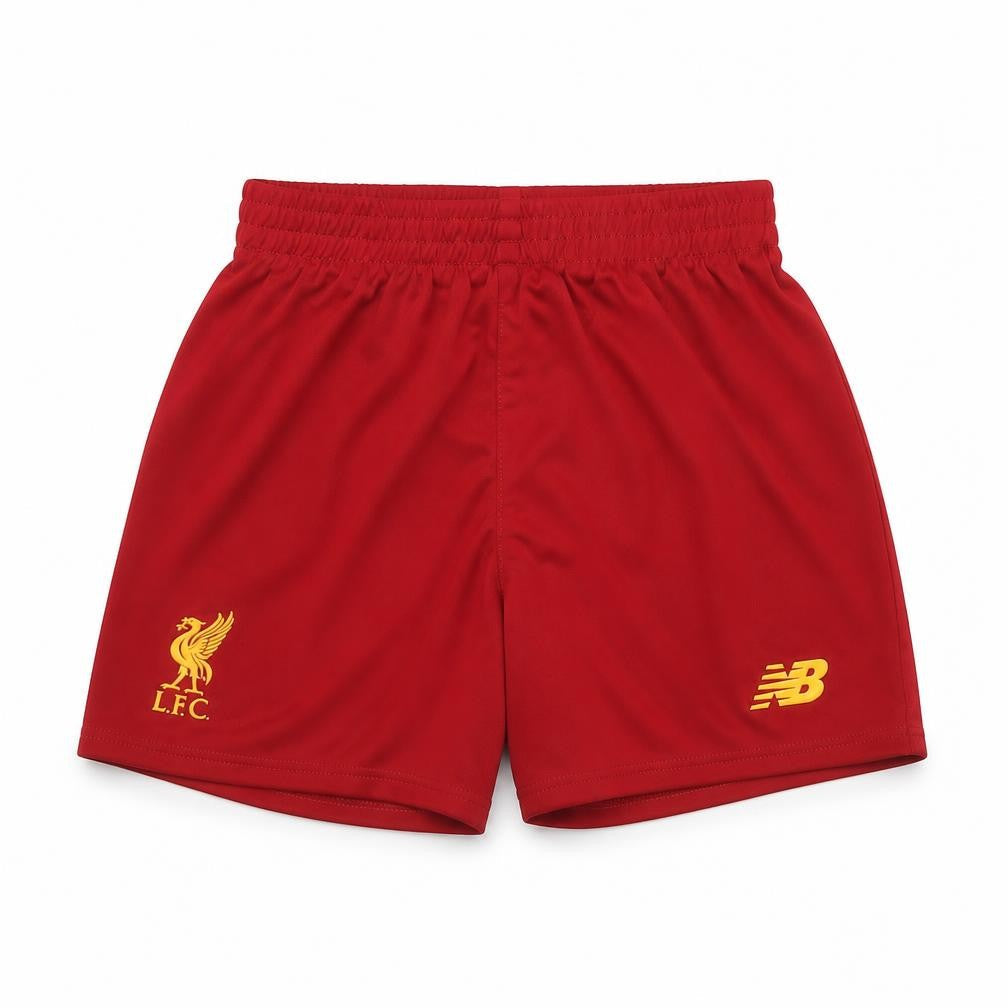 Front view of New Balance boys’ red liverpool fc athletic shorts 2/3y polyester activewear