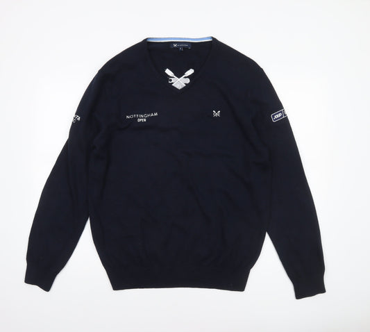 Crew Clothing Men’s Blue Cotton Cashmere V-Neck Jumper L