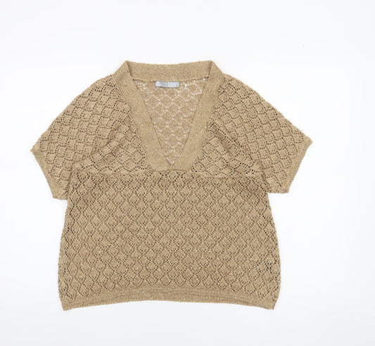 TU Women’s Beige Open-Knit V-Neck Short Sleeve Jumper Size 18