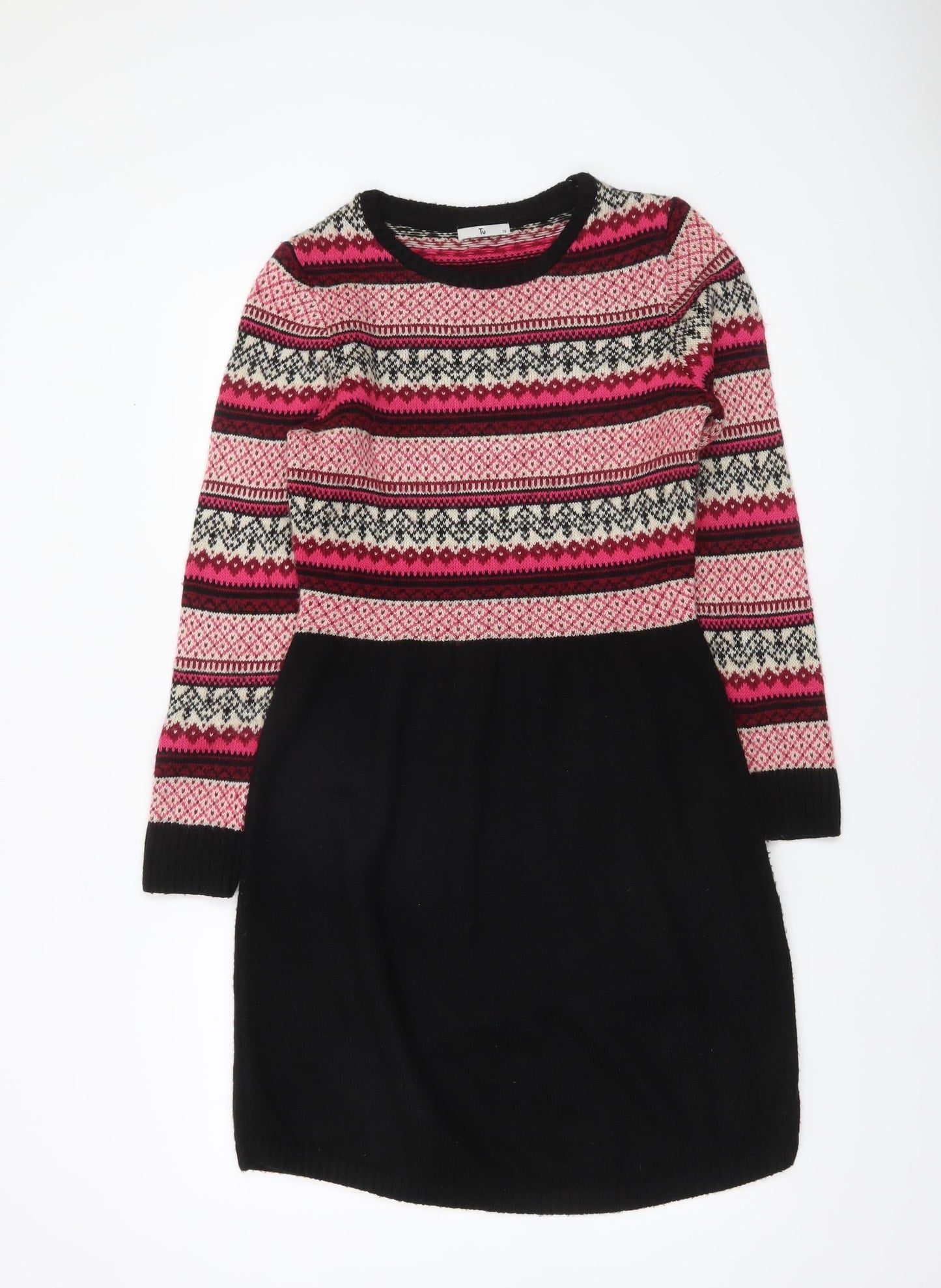 Tu Women’s Black Pink Fair Isle Knit Jumper Dress Size 10