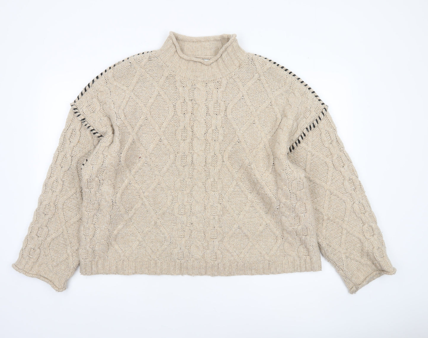 Primark Women’s Beige Cable-Knit Mock Neck Jumper Size L