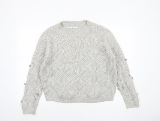 Tu Women Grey Cable-Knit Wool Blend Crew Neck Jumper Size 14