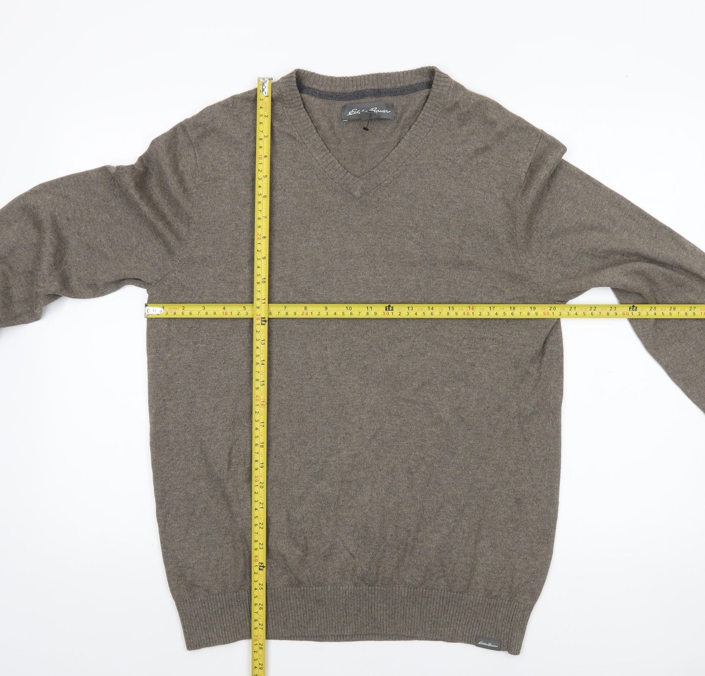 Eddie Bauer Men's Brown Wool V-Neck Jumper Size M Classic Knit