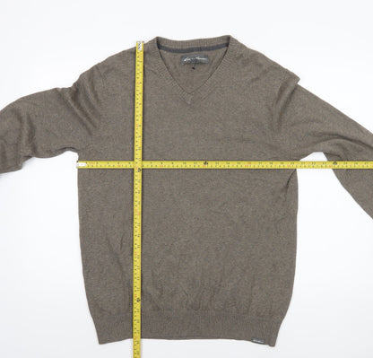 Eddie Bauer Men's Brown Wool V-Neck Jumper Size M Classic Knit