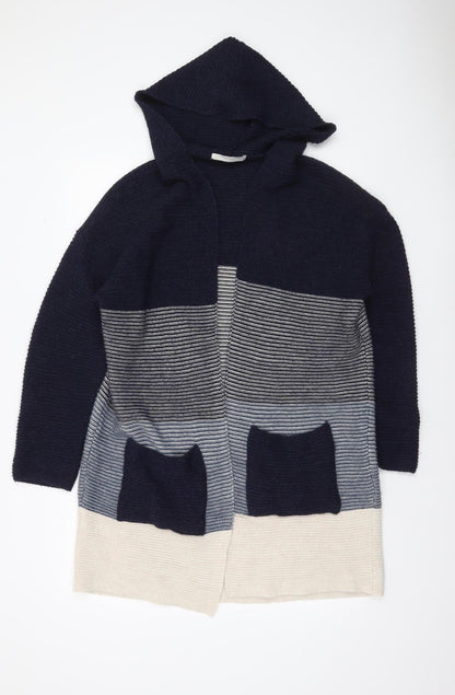George Womens Blue Hooded Striped Knit Open Cardigan Size 12