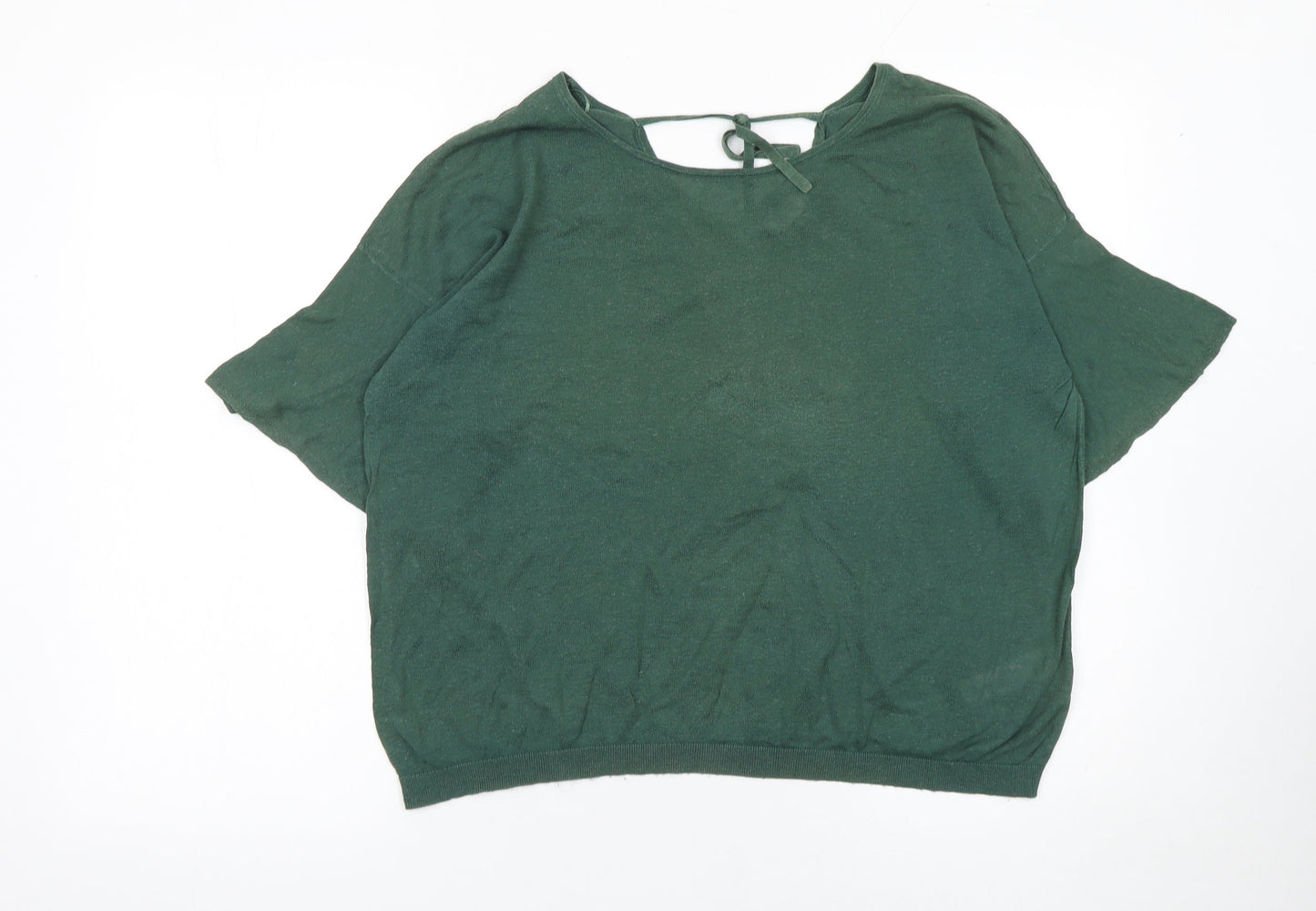 Fat Face Women Green Linen Cotton Cropped Blouse UK 14 Relaxed Fit