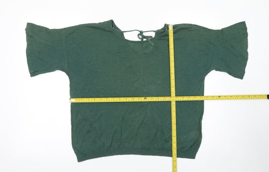 Fat Face Women Green Linen Cotton Cropped Blouse UK 14 Relaxed Fit