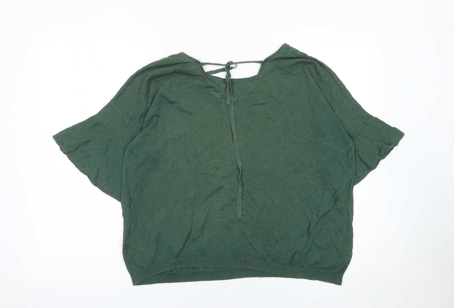 Fat Face Women Green Linen Cotton Cropped Blouse UK 14 Relaxed Fit
