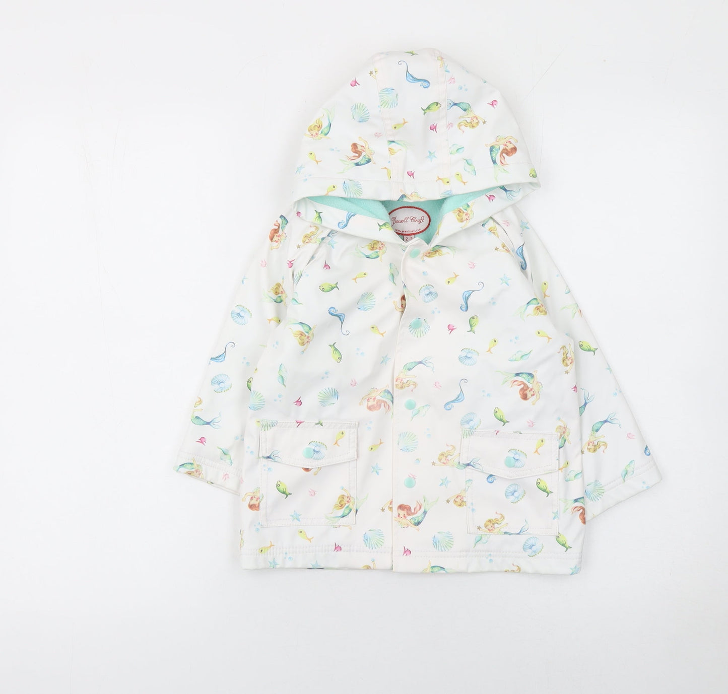 Powell Craft Girls White Mermaid Waterproof Hooded Rain Coat 2-3 Years