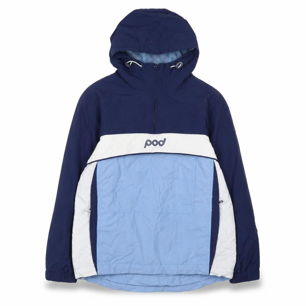 Front view of Pod boys’ blue colourblock hooded nylon anorak jacket, size 12, years