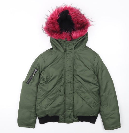 S13 New York Girls Green Hooded Bomber Jacket Faux Fur Trim Size 12 Years