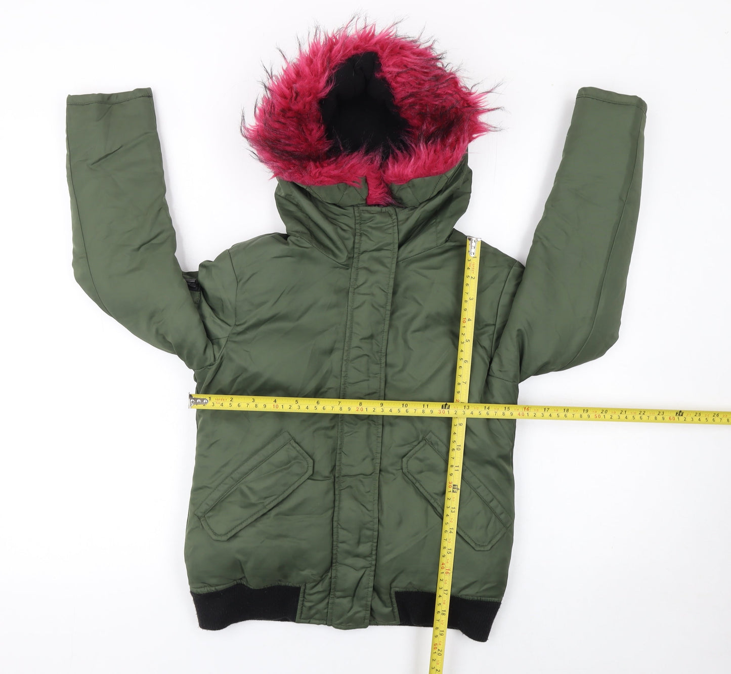 S13 New York Girls Green Hooded Bomber Jacket Faux Fur Trim Size 12 Years