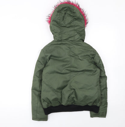 S13 New York Girls Green Hooded Bomber Jacket Faux Fur Trim Size 12 Years