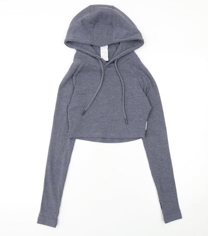POWERLETE Women Grey Ribbed Hooded Long Sleeve Cropped Jumper S