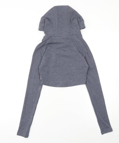 POWERLETE Women Grey Ribbed Hooded Long Sleeve Cropped Jumper S