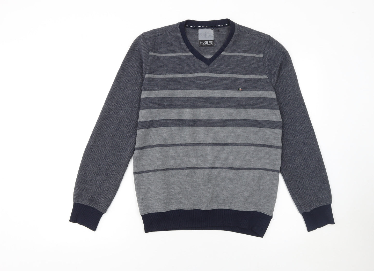 NGR Men's Grey Striped V-Neck Pullover Jumper Size M