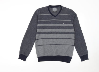 NGR Men's Grey Striped V-Neck Pullover Jumper Size M