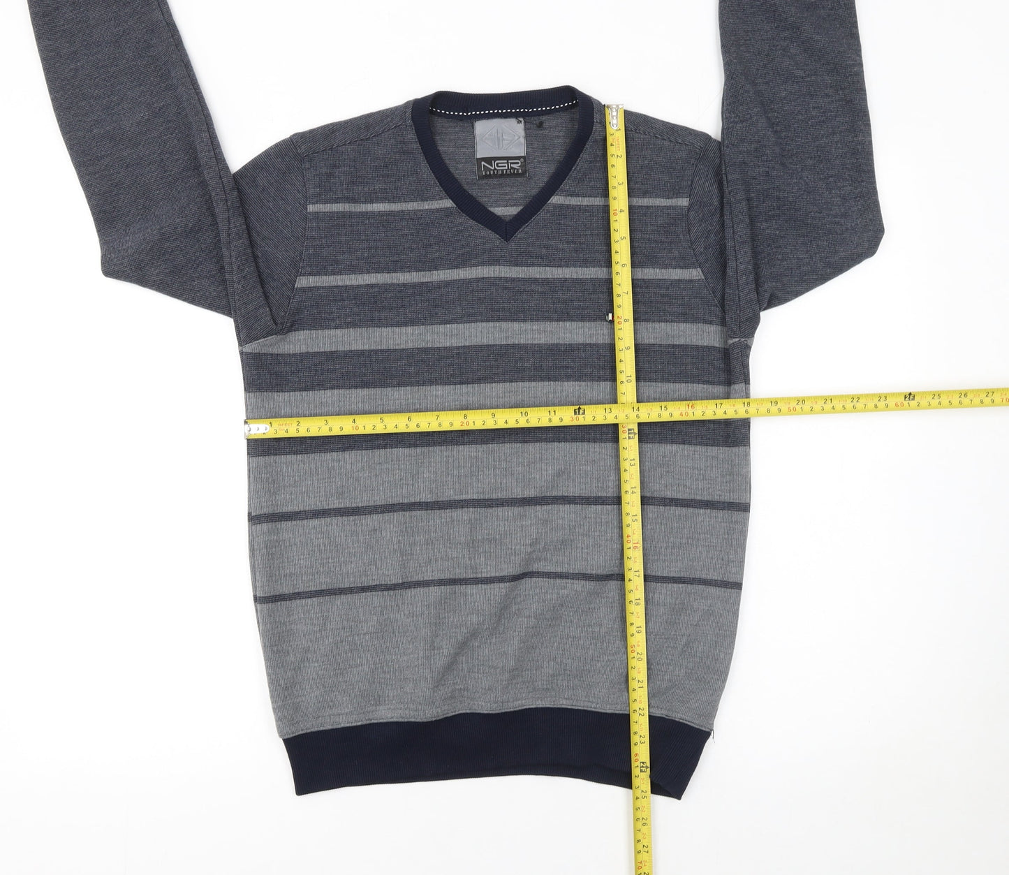 NGR Men's Grey Striped V-Neck Pullover Jumper Size M