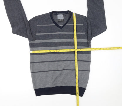 NGR Men's Grey Striped V-Neck Pullover Jumper Size M