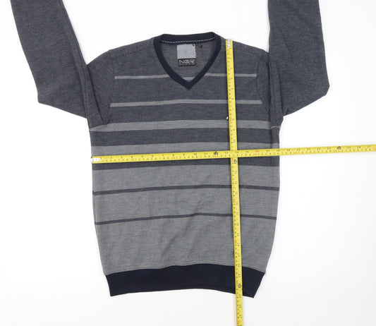 NGR Men's Grey Striped V-Neck Pullover Jumper Size M