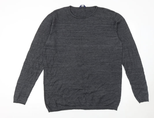 EASY Men Grey XL Crew Neck Cotton Wool Blend Pullover Jumper