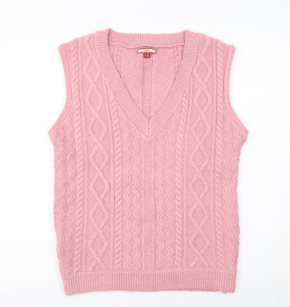 Joe Browns Women Pink Cable-Knit Wool Blend Sleeveless V-Neck Jumper Vest Size 16