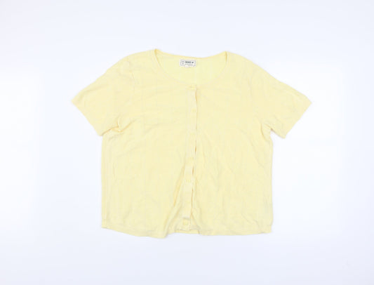 FatFace Women Yellow Button-Up Knit Top Size 18 Short Sleeve