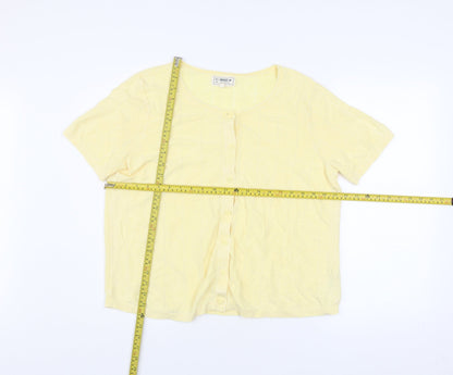 FatFace Women Yellow Button-Up Knit Top Size 18 Short Sleeve