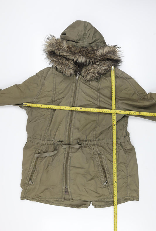 Gap Women’s Green Fur Trim Parka Coat L Hooded Cotton Winter Jacket