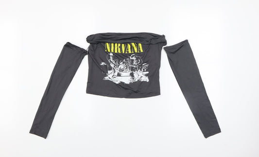 Bershka Women’s Black Nirvana Off Shoulder Cropped Long Sleeve Top L