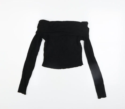 Bershka Women’s Black Off Shoulder Cropped Jersey Long Sleeve Top M