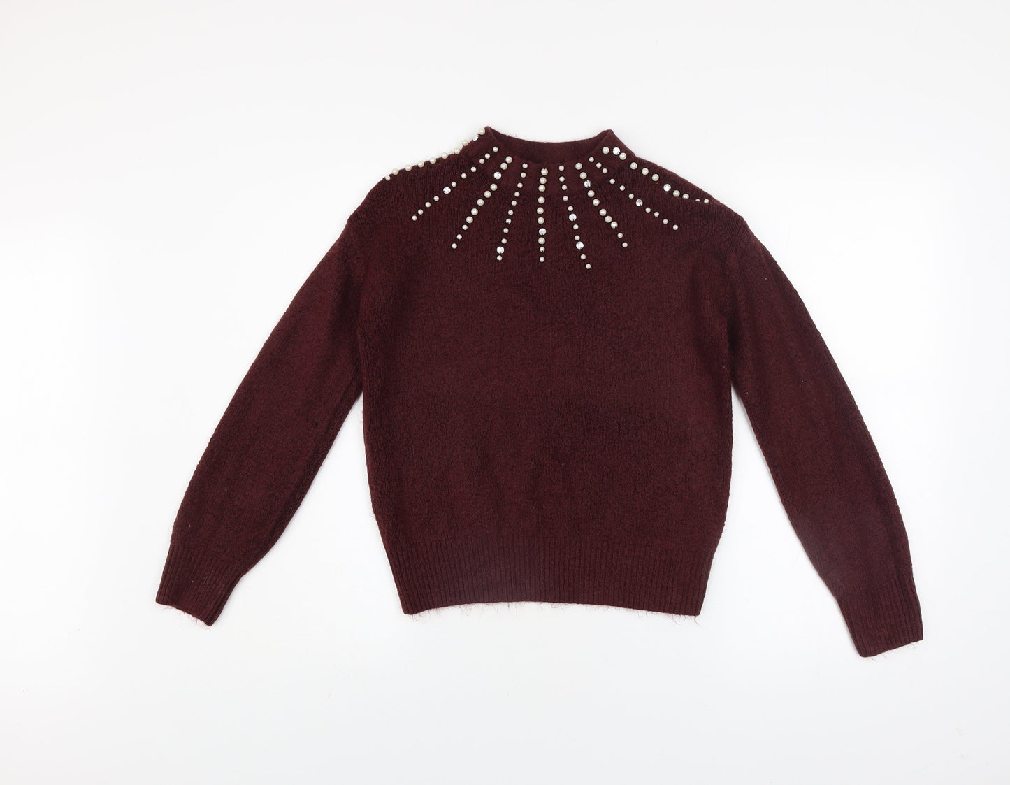 Tu Women’s Red Studded Mock Neck Chunky Knit Jumper Size 8