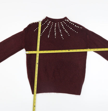Tu Women’s Red Studded Mock Neck Chunky Knit Jumper Size 8