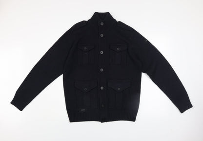 Dissident Men’s Black L Cardigan Jumper High Neck Chunky Knit Wool Blend